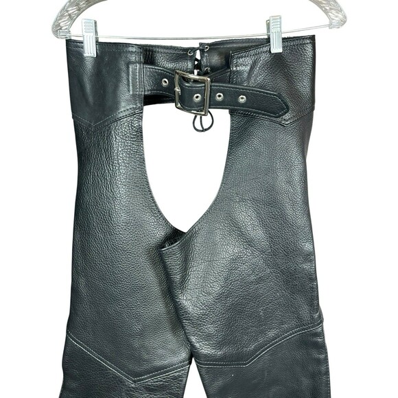 Unisex Black Leather Motorcycle Chaps XS Suede Lined Genuine Cowhide Biker USA - Picture 2 of 16